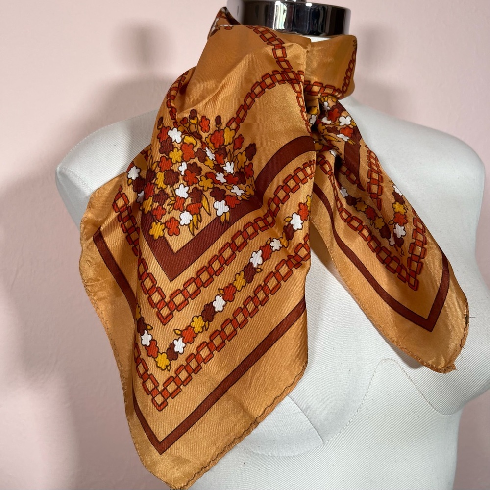 Vintage 1960's 1970's Camel Burgundy Mod floral chain Plaid Satin MCM Neck Scarf